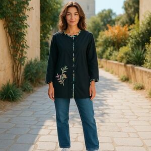 Black Linen Rayon Blend Floral Embroidered Button Front Shirt Jacket Womens M